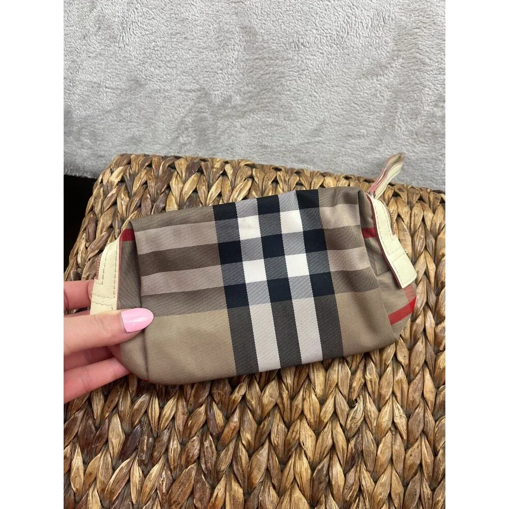 Burberry Tan Plaid Cosmetic Pouch Logo Makeup Bag Beige Zip Travel Case